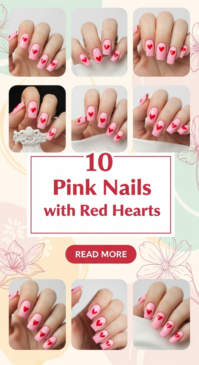 10 Pink Nails with Red Hearts